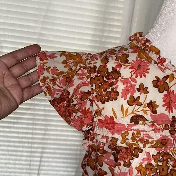 LOFT M White Pink Brown Orange Floral Flutter Sleeve Mock Ruffle Neck Blouse - Picture 5 of 10